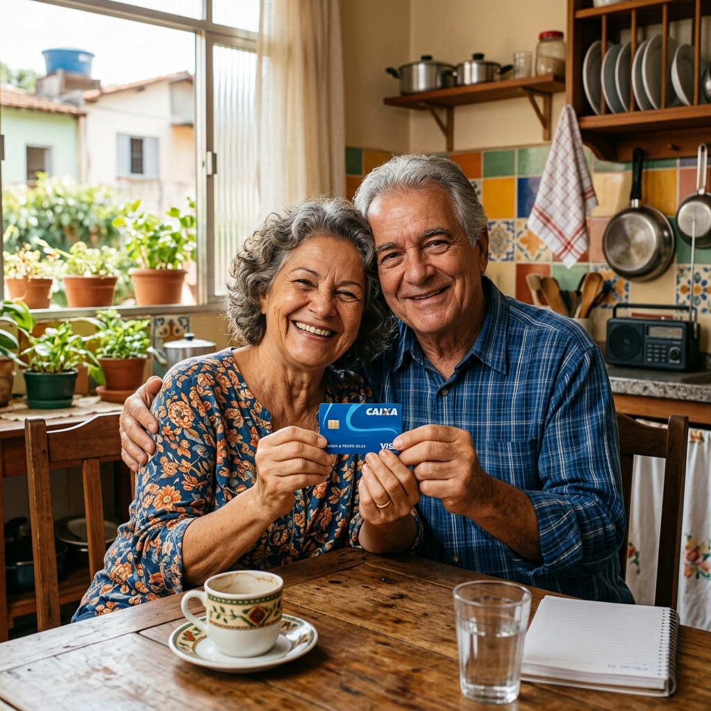 Casal de Aposentados Feliz com seu Cartão de Benefício